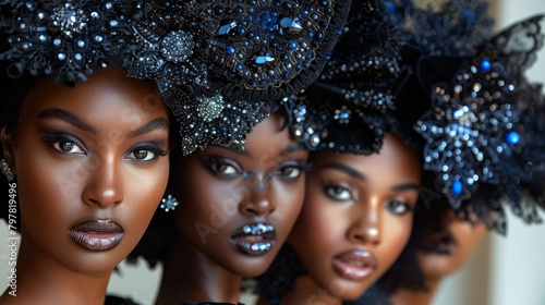 Four black women with elaborate and ornate headpieces made of black and blue gems and beads. photo
