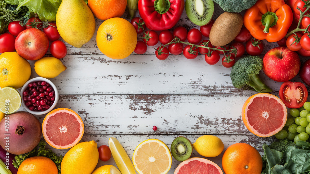 Variety of fruits and vegetables, on the white wooden table, top view, copy space, selective focus. Variety of fruits and vegetables, on the white wooden table, top view, copy space, selective focus.