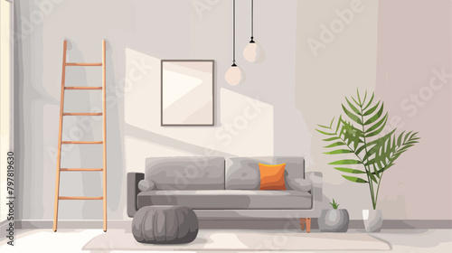 Interior of light living room with grey couch poufs a photo