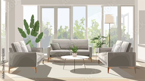 Interior of light living room with grey sofas coffee