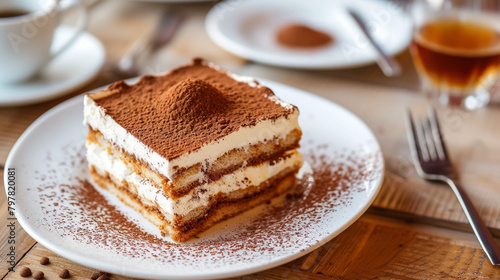 A plate of tiramisu with layers of sponge cake, mascarpone cheese, coffee, and cocoa powder, dusted with powdered sugar. photo