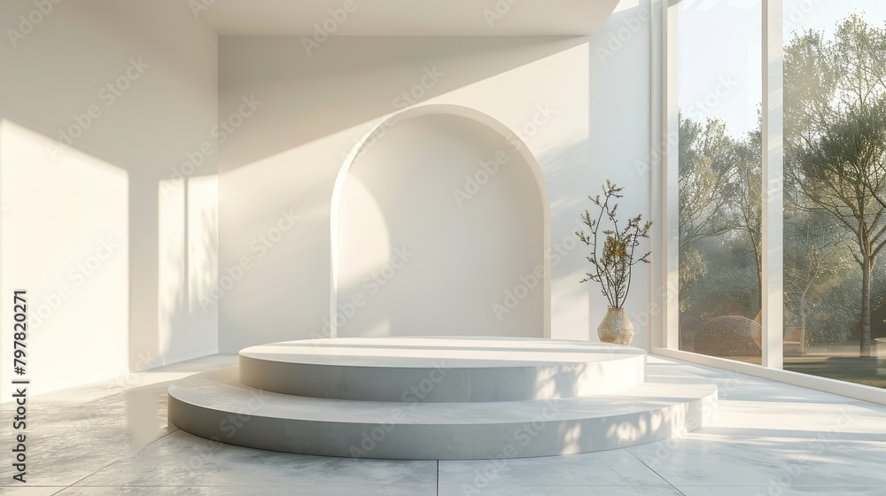 3d rendering of a white podium in a white room with a large window 3d rendering of a white podium in a white room with a large window