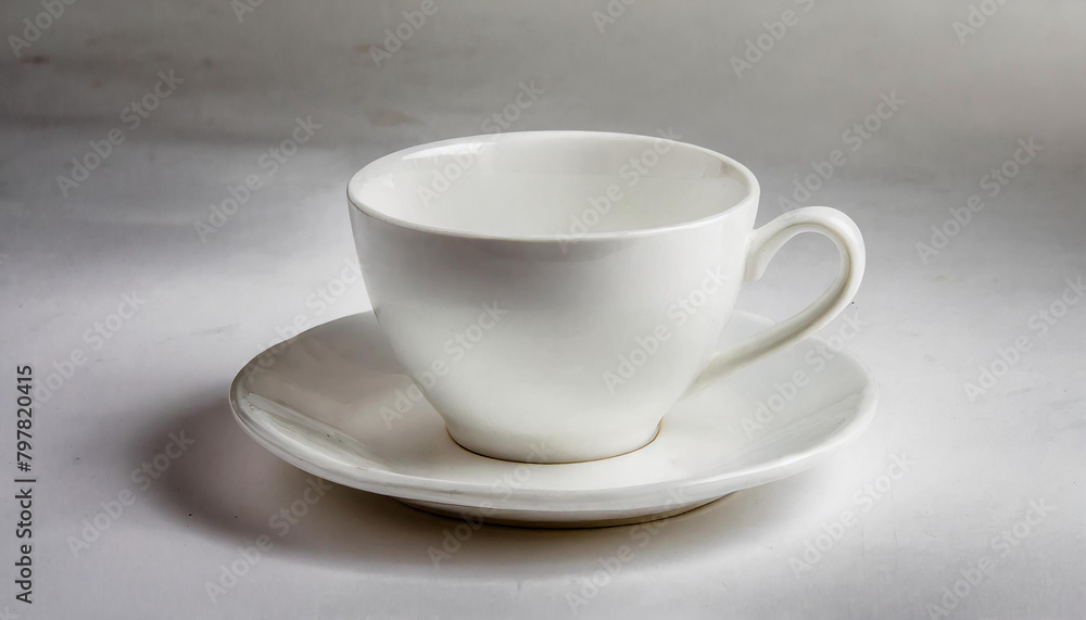 Fototapeta premium Ceramic white cup displayed on isolated gray background. Tea or coffee mug. Drink ware. Mock up.