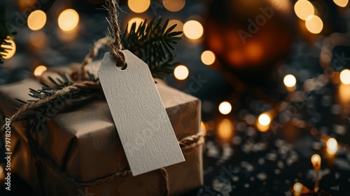 A close up of a beautifully wrapped present with a blank gift tag on a dark background with twinkling lights in the distance.