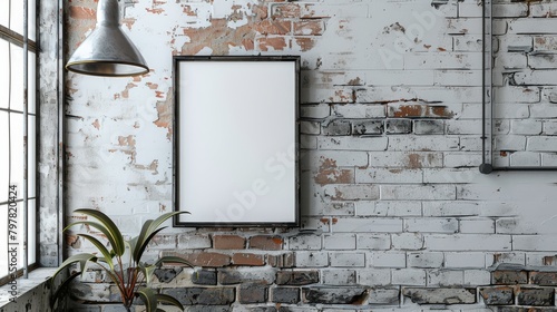 A brick wall with a large blank frame and a plant in front of it.