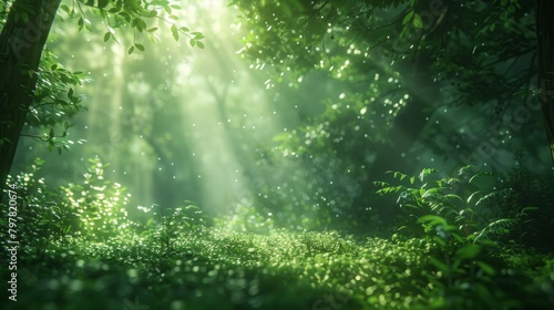 A lush green forest with sunlight streaming through the trees.
