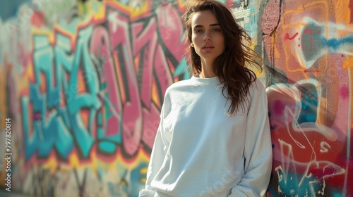 A young woman in a white sweatshirt poses in front of a graffiti-covered wall.