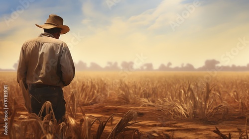 Farmer inspecting wilted crops in a field, the backdrop of a heatwave visibly stressing the agricultural landscape