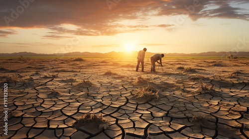 Environmental scientists examining droughtaffected areas, showing cracked earth and sparse vegetation under a scorching sun photo
