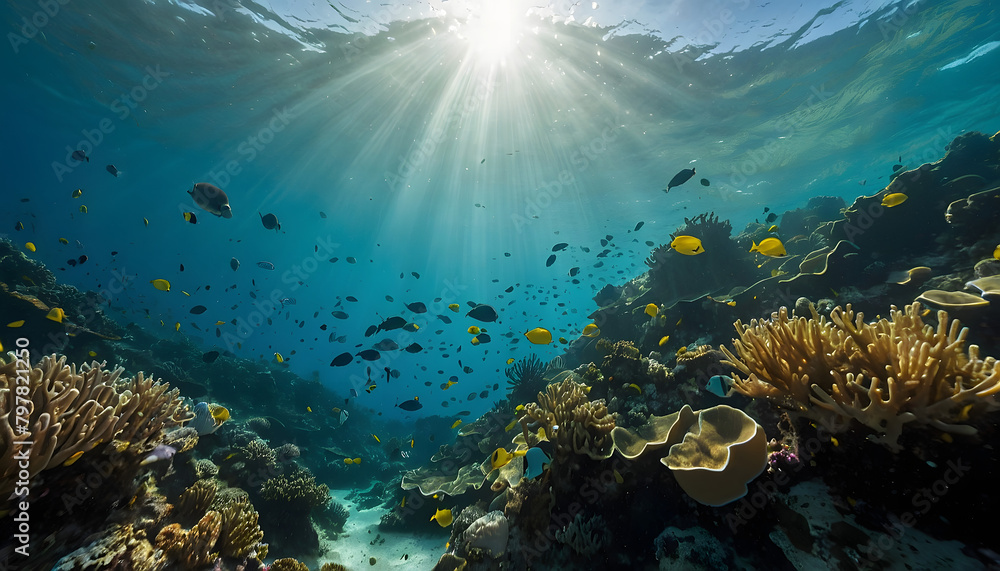 Fototapeta premium An underwater ecosystem teeming with vibrant marine life, emphasizing the beauty and importance of marine biodiversity.