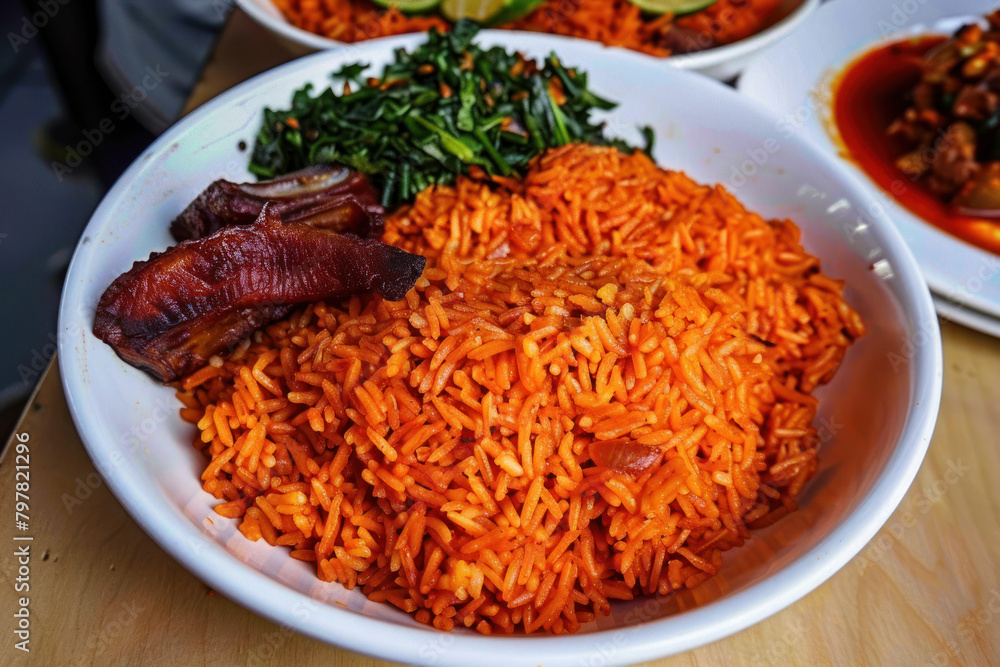 Delicious Bowl of Jollof Rice, Culinary World Tour, Food and Street Food Delicious Bowl of Jollof Rice, Culinary World Tour, Food and Street Food