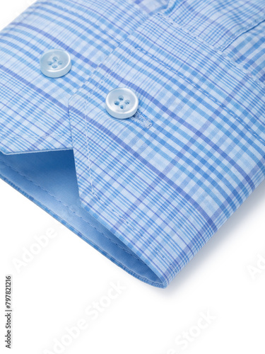 Cuff of a light blue plaid shirt with buttons on a white background, close-up