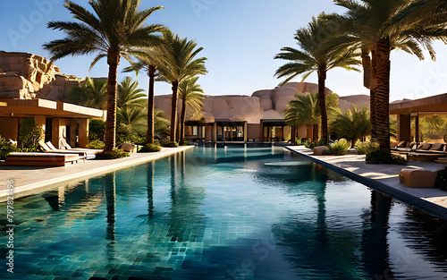 A serene desert oasis, where palm trees sway in the breeze and crystal-clear pools offer respite from the heat. 