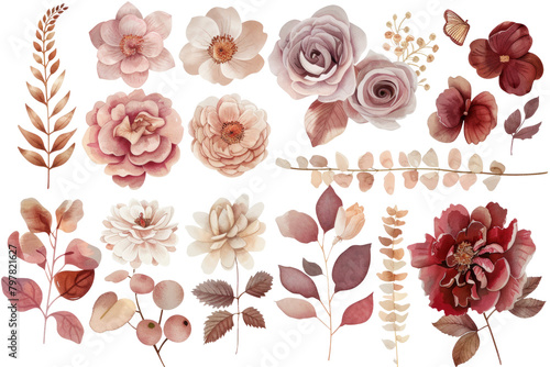 Flowers and leaves in pastel pink tones. Transparent background