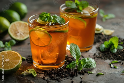 Two glasses of tea with limes and mints on a table with lemons and mints around them a stock photo