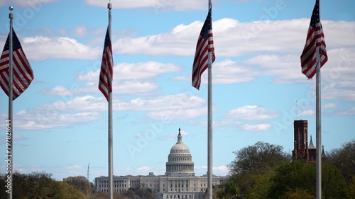 US Capitol with flags waving at the Washington Monument in Washington DC with sunny clear blue sky on spring summer day. 