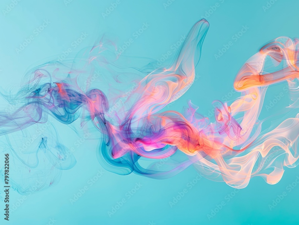 Ethereal swirls of colored smoke dance on a teal backdrop Ethereal swirls of colored smoke dance on a teal backdrop