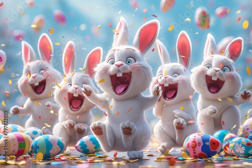 Energetic Easter bunny dances amidst colorful eggs, perfect for a kids' book or animation