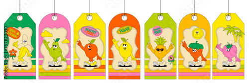 Summer Fruits. Retro groovy labels, patch. Comic characters strawberry, lemon, banana, apple, pineapple, pear, raspberry. Vector illustration.