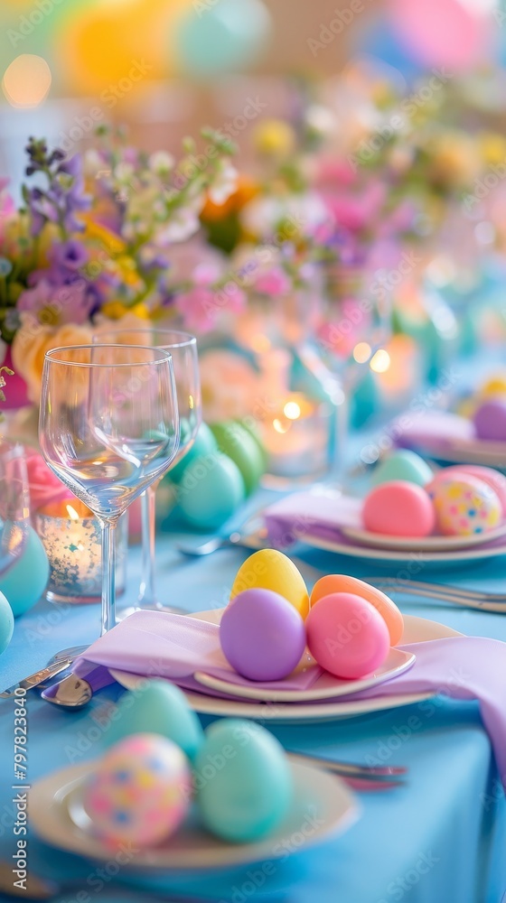 Vibrant tablecloth, pastel plates and a festive table setting bring Easter colors to life in a joyful family gathering