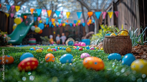 Excited children in the background, colorful flags, balloons, and baskets ready for Easter egg hunt in the backyard