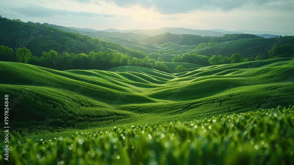 Panoramic view of beautiful natural green fields and blue sky with clouds on the horizon Panoramic view of beautiful natural green fields and blue sky with clouds on the horizon