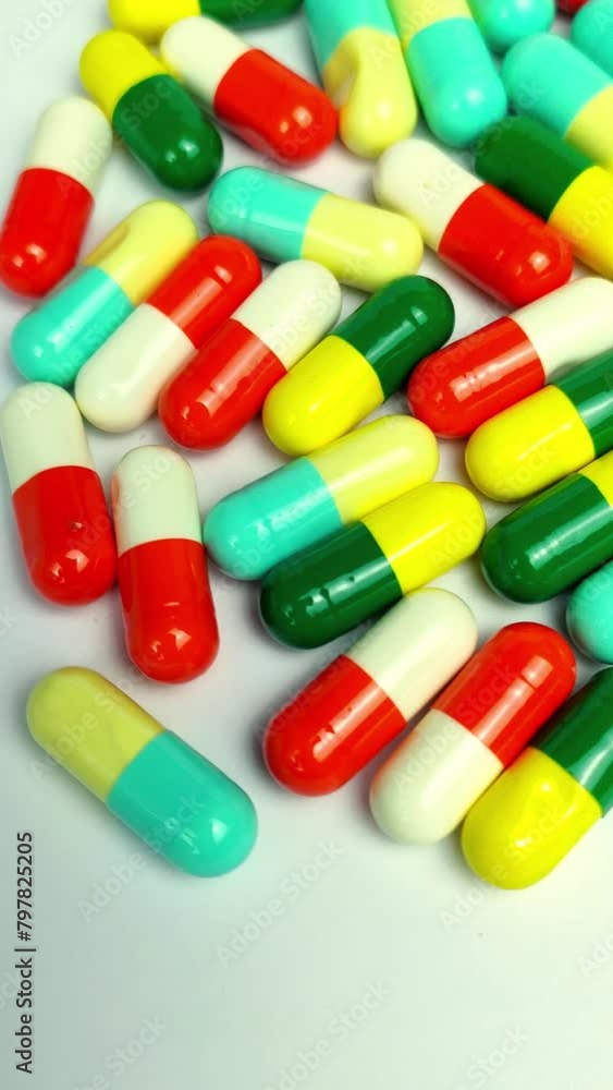 Vertical video, Colorful medicine capsules rotating close up Vertical video, Colorful medicine capsules rotating close up