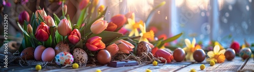 Bright tulips and daffodils, chocolate eggs on a rustic wooden table under sunrise light create a festive Easter scene #797825290