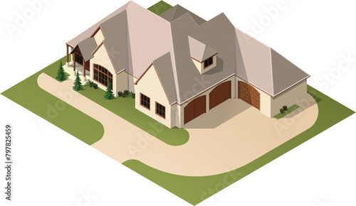 Isometric big european style house with driveway vector illustration