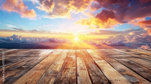 A stunning outdoor vista featuring an expansive cerulean sky adorned with cotton-like clouds  seamlessly complementing a rustic wooden floor bathed in warm sunlight.