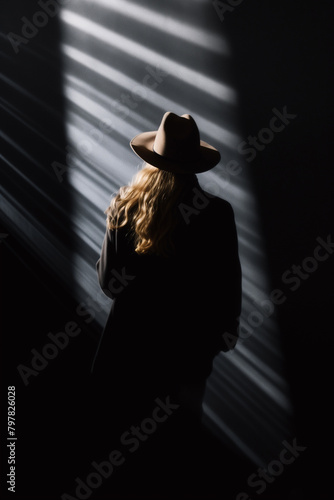 A lone blonde woman in the dark wearing a coat and a hat  seen from behind. A dark figure of an incognito person standing in the rays of light. AI-generated