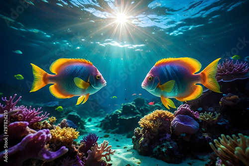 An underwater ecosystem teeming with vibrant marine life, emphasizing the beauty and importance of marine biodiversity. Colorful fish background. Neon colors. © Wojciech