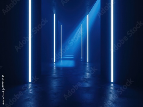 Futuristic dark blue corridor with neon light and reflection background © Eyepain