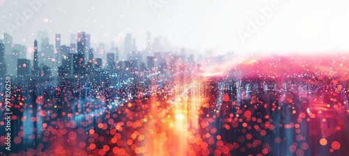 Colorful glitter particles double exposure with city background. Generative AI technology.	
