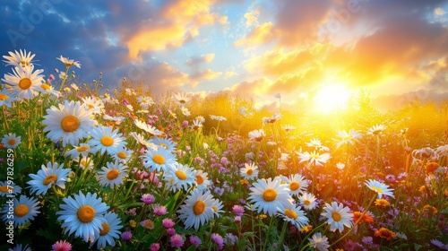 Sunlit Meadow Blooming with Flowers photo