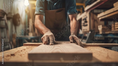 close up man owner a small furniture business is preparing wood for production. carpenter male is adjust wood to the desired size. architect, designer