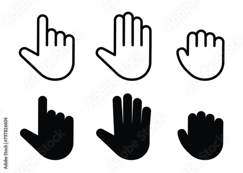 computer mouse cursor click hand pointer and hand grab outline and black fill