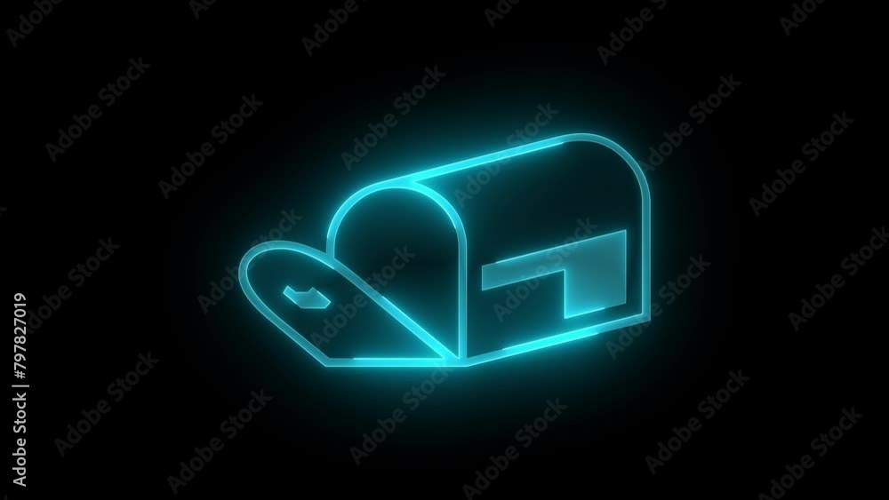 Empty letter box icon glowing neon cyan color animation black background Empty letter box icon glowing neon cyan color animation black background
