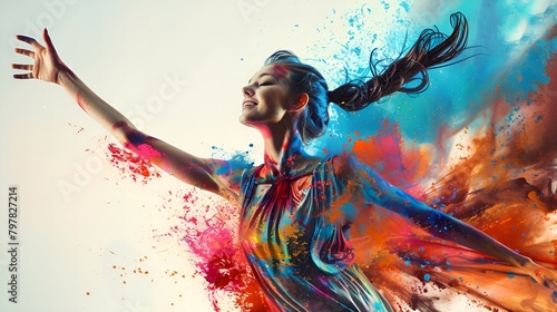 An exuberant woman is immersed in a vibrant burst of colored powder, depicting freedom, creativity, and celebration.