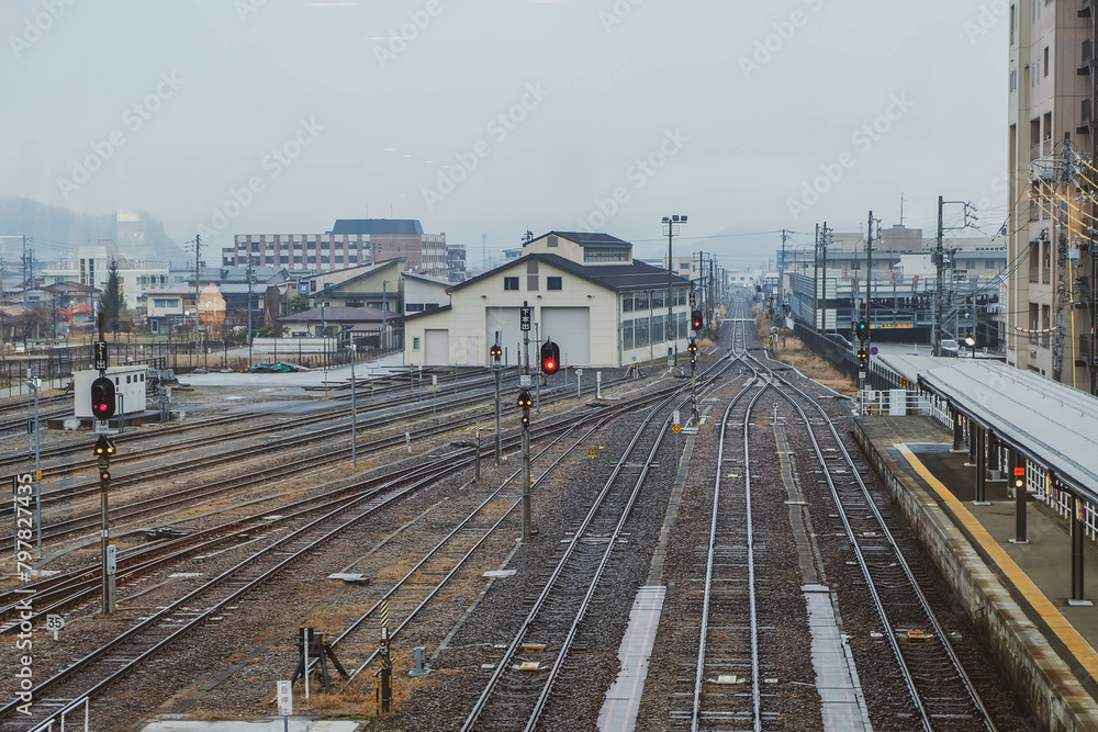 Railway track and railway station for high speed train.in Nagoya, Japan.