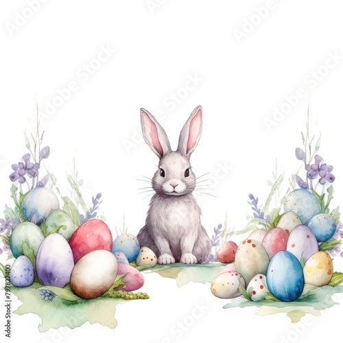 Rabbit and easter eggs frame watercolor animal mammal representation.