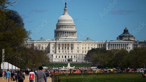 Closeup view of the US Capitol in shadow, seat of government in Washington, DC on a beautiful sunny spring day with clear blue sky.