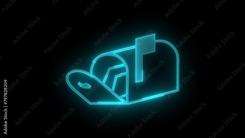 Open letter box icon glowing neon cyan color animation black background Open letter box icon glowing neon cyan color animation black background