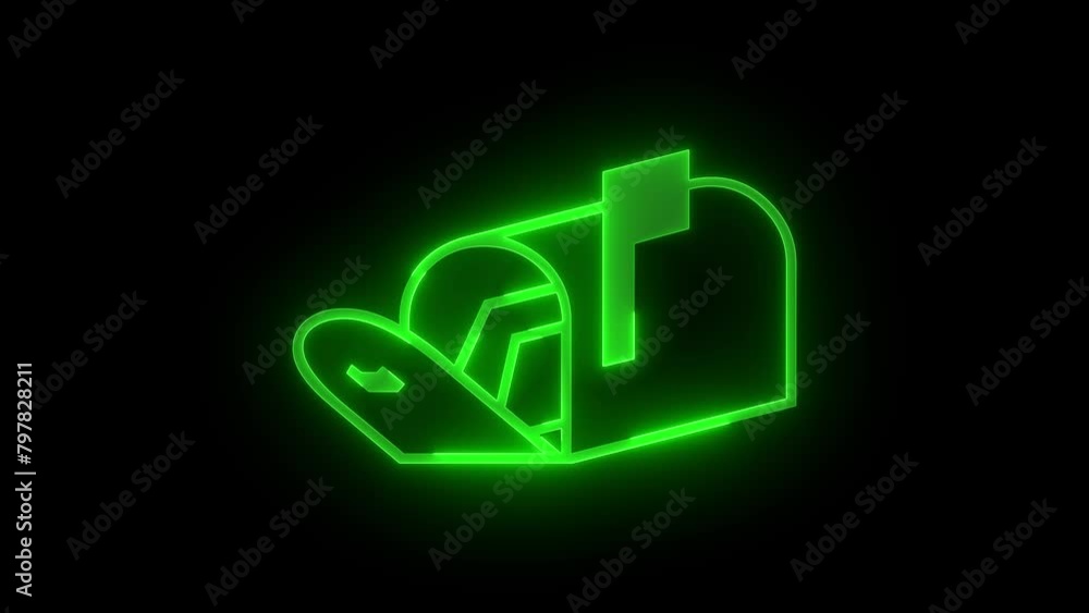 Open letter box icon glowing neon green color animation black background Open letter box icon glowing neon green color animation black background