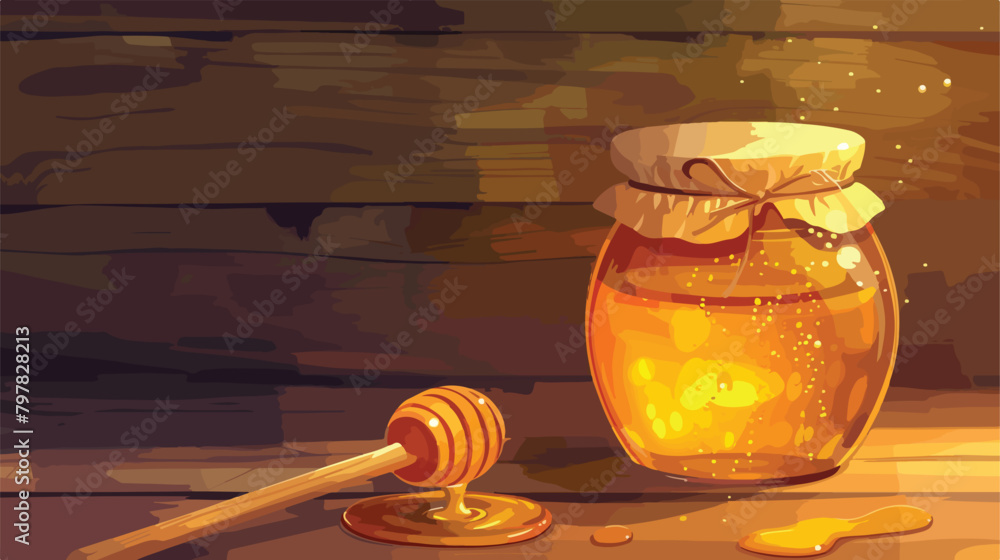 Jar of sweet honey and dipper on wooden background vector