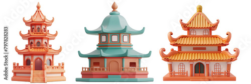 PNG Buddhist temple 3d icons and objects collection, in cartoon style minimal on transparent, white background, isolate