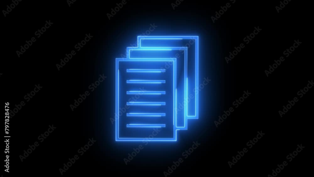 Page papers icon glowing neon blue color animation black background Page papers icon glowing neon blue color animation black background