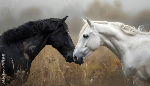 black horse and white horse facing each other, touching their heads together in a misty background