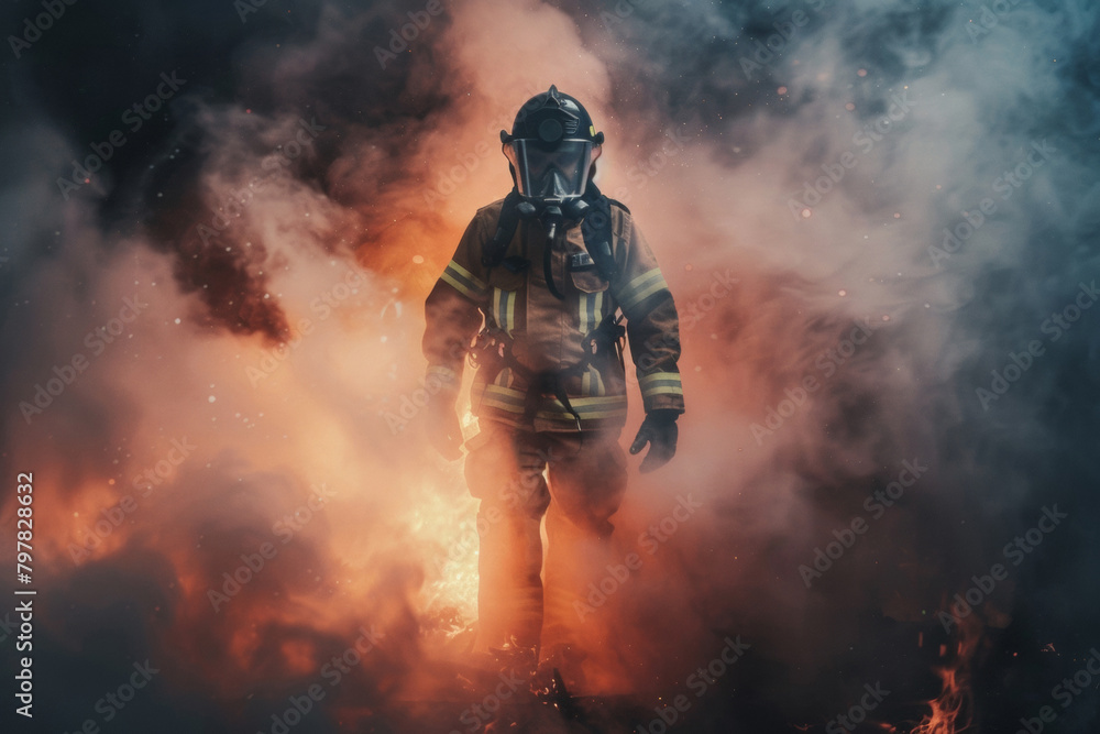 Firefighter in dangerous situation in the middle of red flames. Fireman in protective suit. Firefighter in dangerous situation in the middle of red flames. Fireman in protective suit.