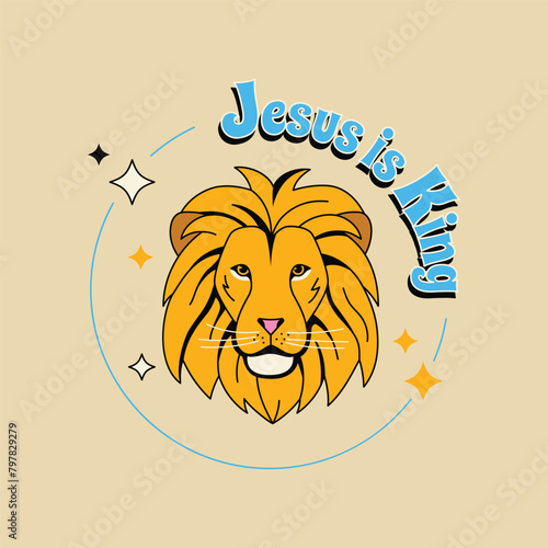 christian vector illustration in groove style. Lion from the tribe of Judah. Jesus is King